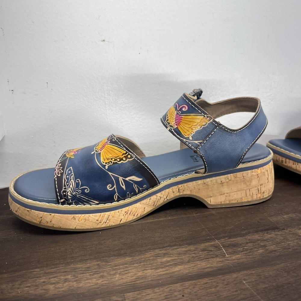 L'Artiste Spring Step Butterfly Cork Wedge Sandals 41 Blue Floral Buckle Kenna - Picture 4 of 11